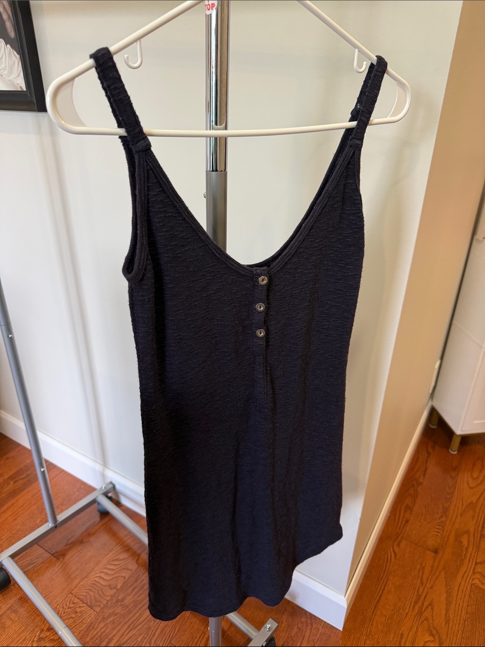 Women’s navy blue Ribbed Tank Dress with Button Detail